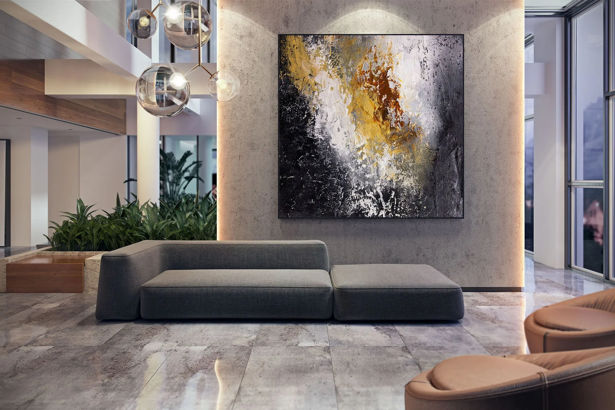 Black And White Palette Knife Painting Yellow Modern Wall Decor Fp070
