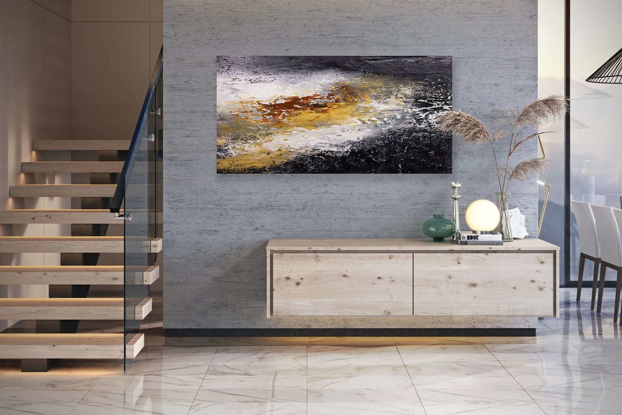 Black And White Palette Knife Painting Yellow Modern Wall Decor Fp070