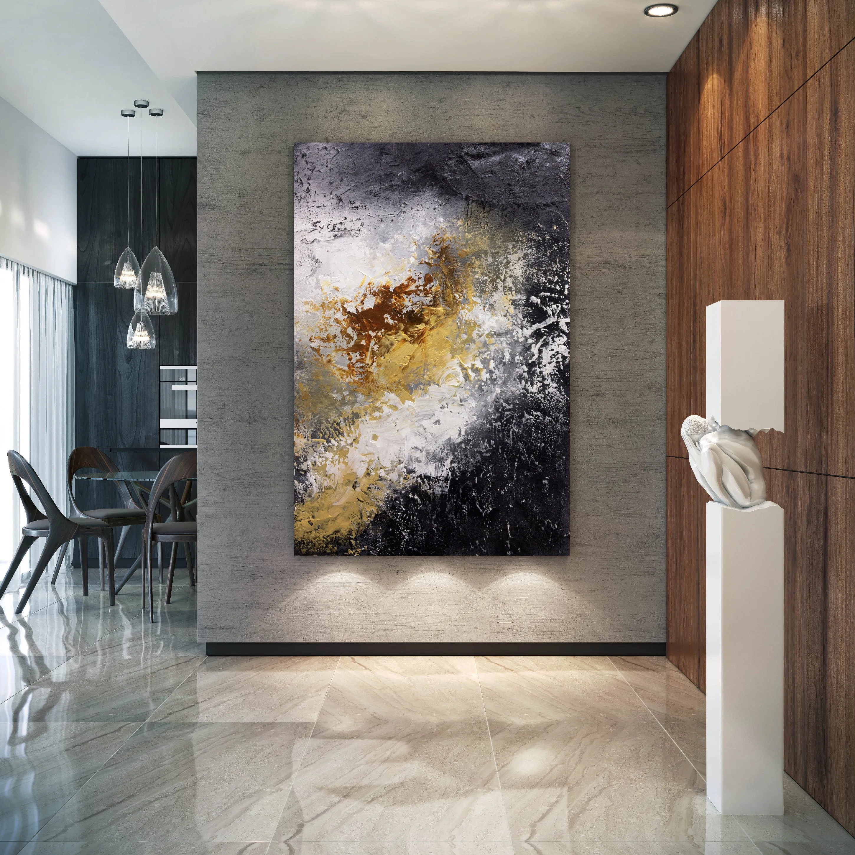 Black And White Palette Knife Painting Yellow Modern Wall Decor Fp070