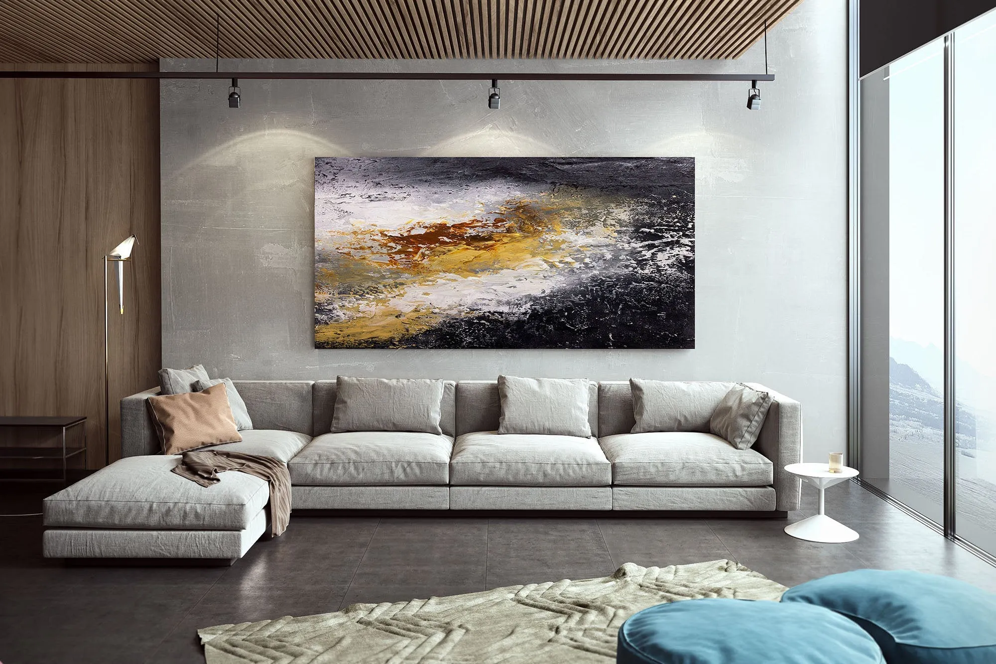 Black And White Palette Knife Painting Yellow Modern Wall Decor Fp070