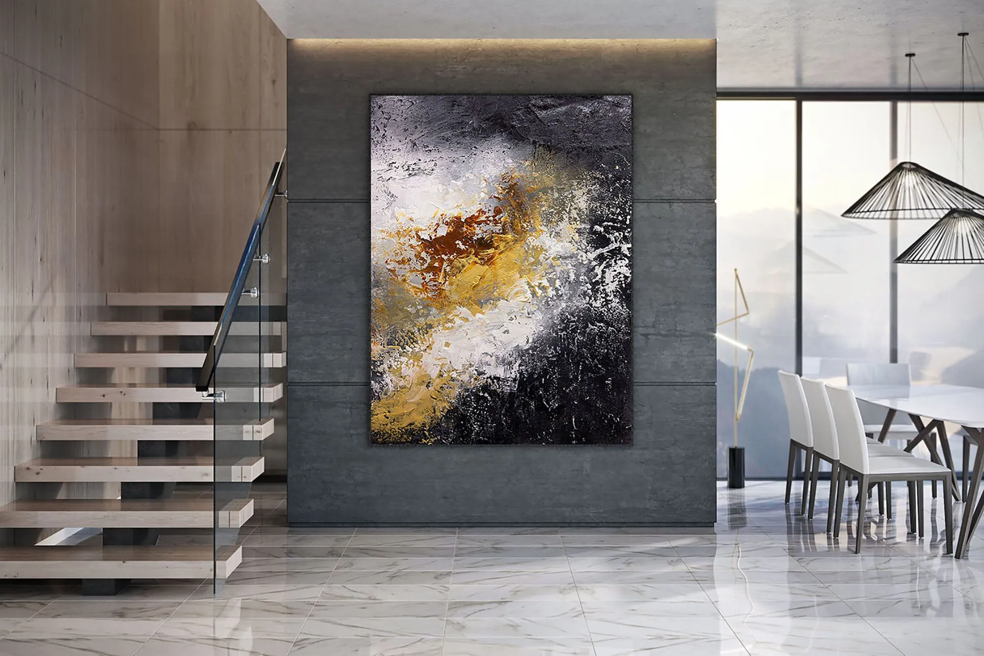 Black And White Palette Knife Painting Yellow Modern Wall Decor Fp070