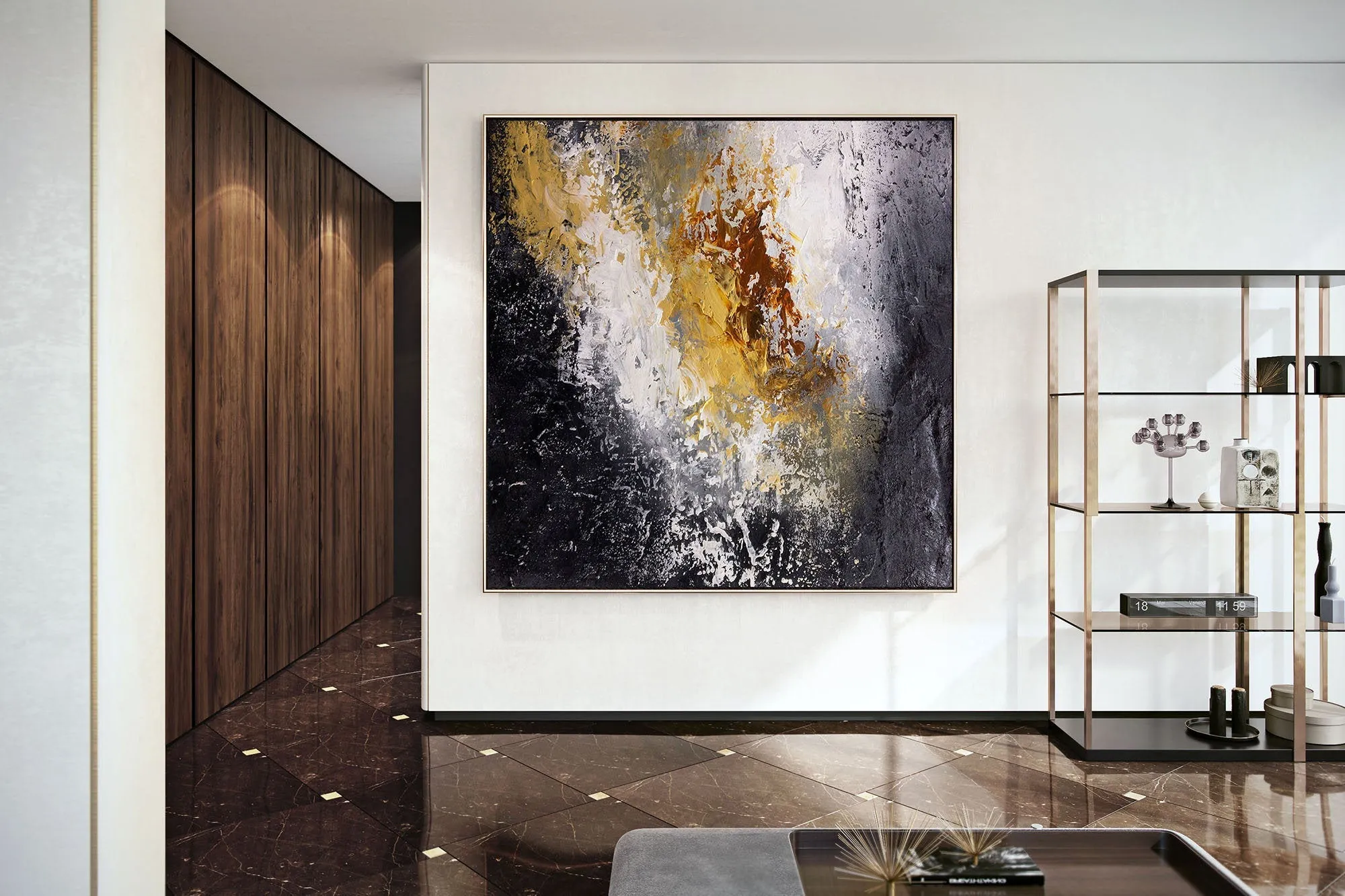 Black And White Palette Knife Painting Yellow Modern Wall Decor Fp070