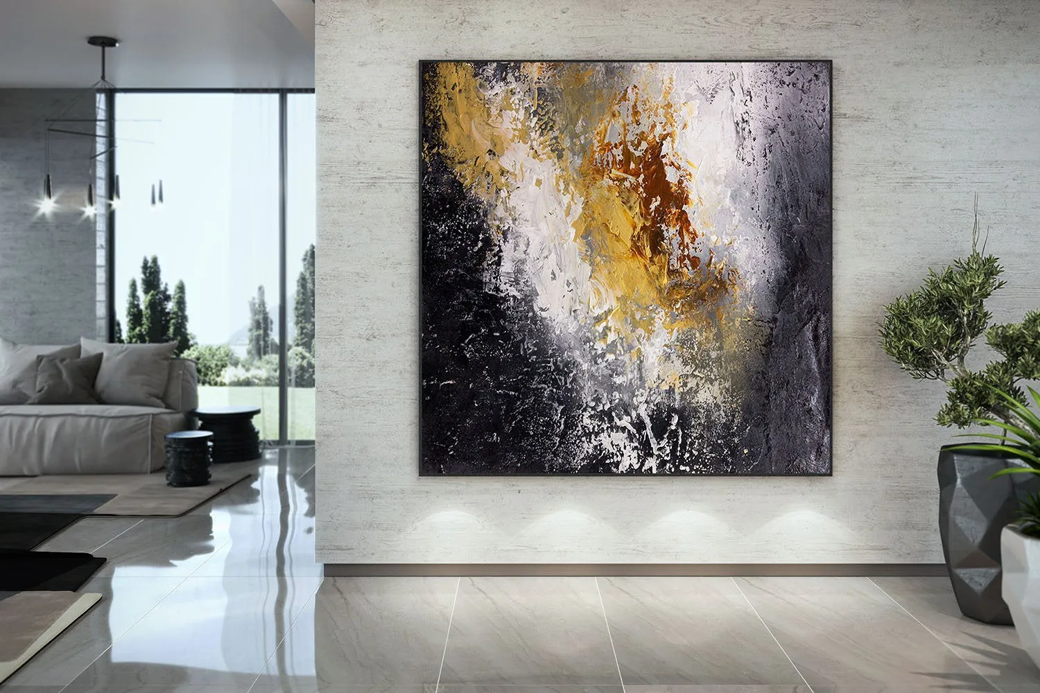 Black And White Palette Knife Painting Yellow Modern Wall Decor Fp070