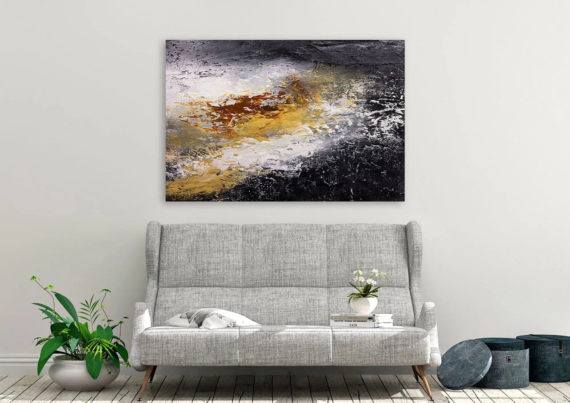 Black And White Palette Knife Painting Yellow Modern Wall Decor Fp070