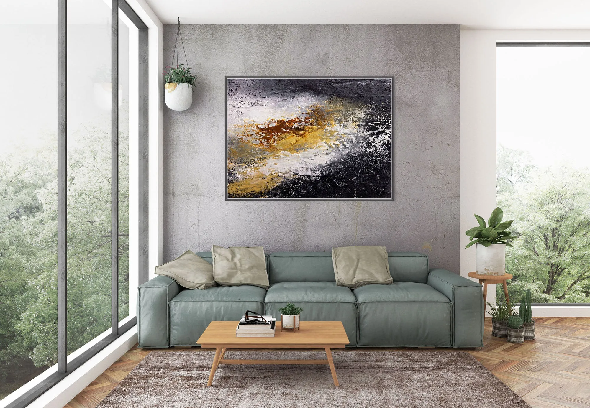 Black And White Palette Knife Painting Yellow Modern Wall Decor Fp070