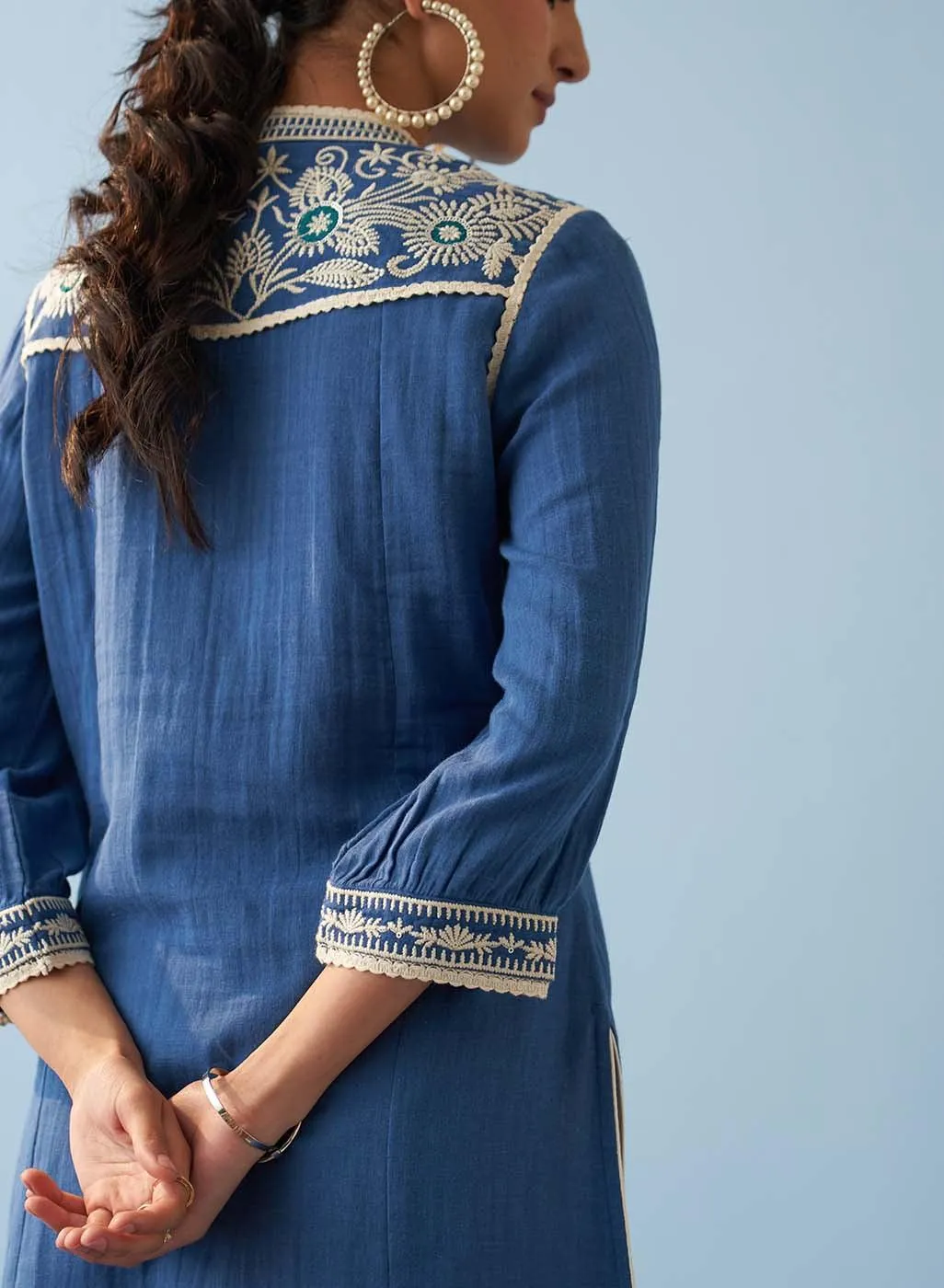 Blue Embroidered Thigh Length Crinkled Kurti