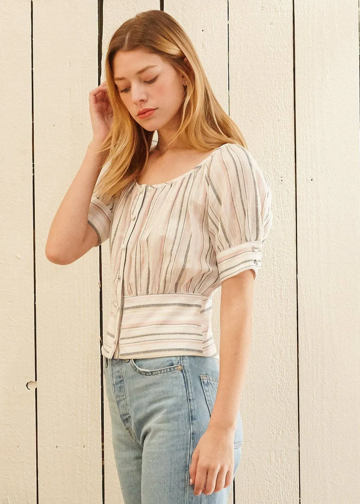 Multi Stripe Puff Sleeve Top in Ecru Multi