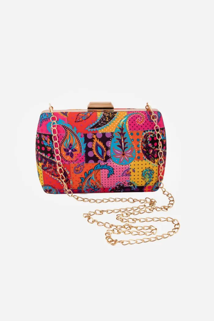 Multicolored Print Raw Silk Clutch