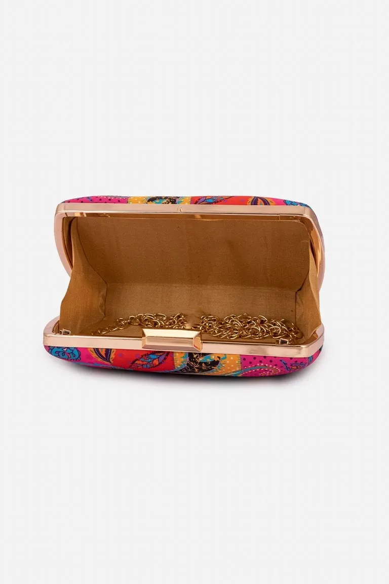 Multicolored Print Raw Silk Clutch