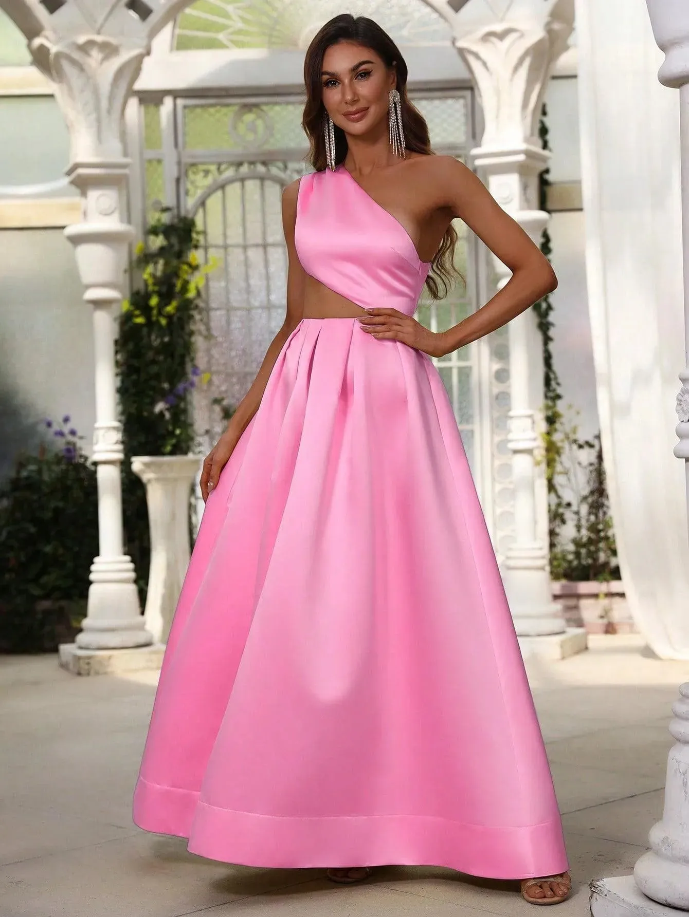 One Shoulder Cut Out Waist Satin Prom Dress